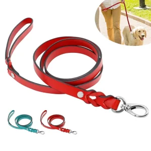 Laisse pour chien en cuir véritable tressé uni
