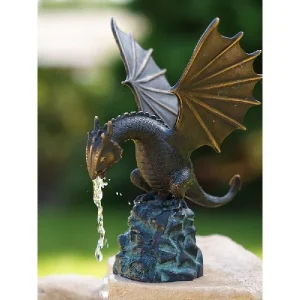 Statue en bronze d'un dragon sur un rocher/une fontaine 22x14x17cm