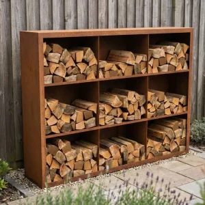Bûcher en acier Corten avec 9 compartiments et paroi arrière 200 x 38,5 x 150 cm