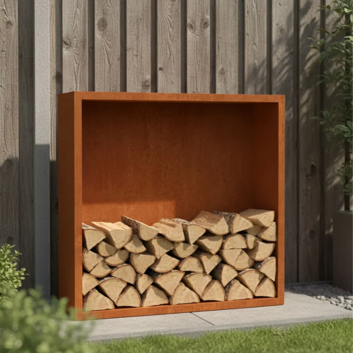 Abri à bois en acier Corten avec paroi arrière 150 x 38,5 x 150 cm