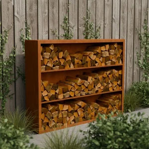 Abri à bois en acier Corten avec 3 compartiments et paroi arrière 200 x 38,5 x 150 cm