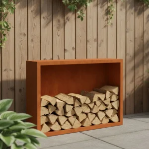 Abri à bois en acier Corten avec paroi arrière 150 x 38,5 x 100 cm