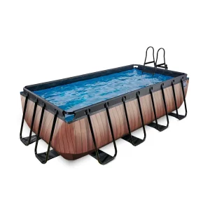 EXIT Piscine Bois 400x200x122cm avec pompe filtre à sable et auvent - marron