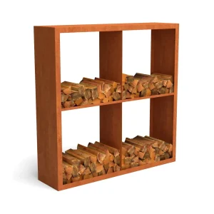 Abri à bois en acier Corten avec 4 compartiments 150 x 38,5 x 150 cm