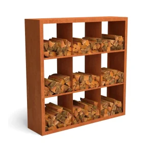 Abri à bois en acier Corten avec 9 compartiments 150 x 38,5 x 150 cm