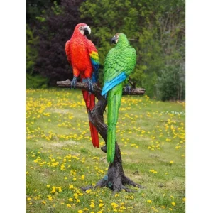 Sculpture en bronze 2 perroquets colorés sur tronc d'arbre 175x66x93cm (HxLxL)